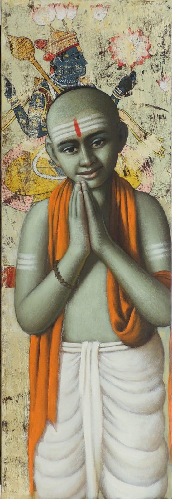 Religious acrylic painting titled 'Pandit 20', 36x12 inches, by artist Sanjay Raut on Canvas