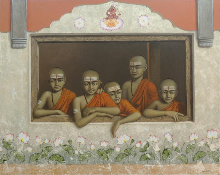 Religious acrylic painting titled 'Pandit 21', 48x60 inches, by artist Sanjay Raut on Canvas