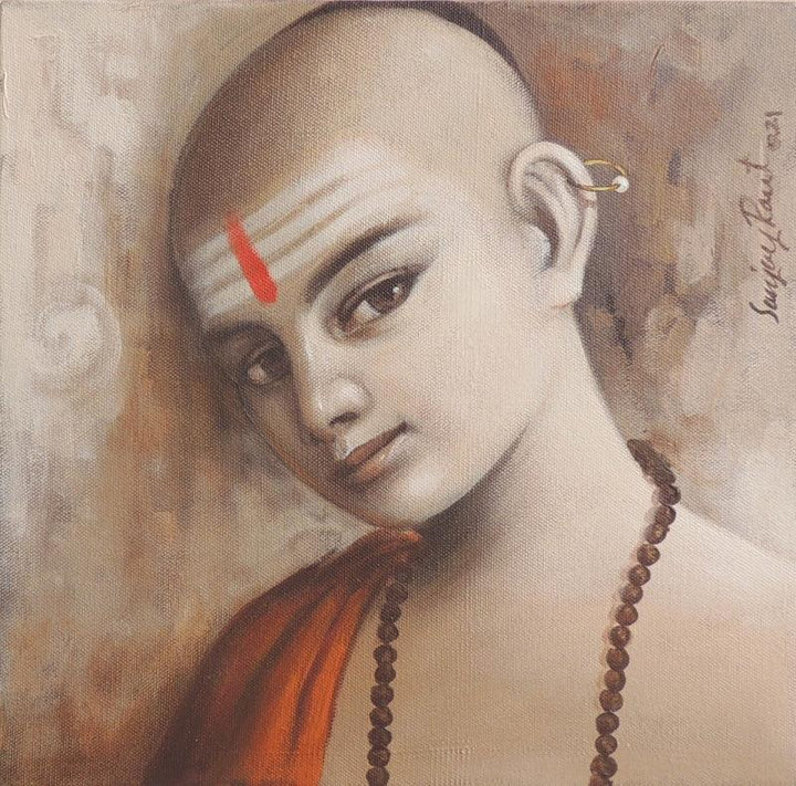 Religious acrylic painting titled 'Pandit 4', 12x12 inches, by artist Sanjay Raut on Canvas