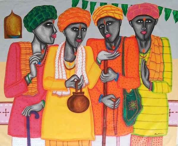 Figurative acrylic painting titled 'Pandit', 42x32 inches, by artist Dhan Prasad on Canvas