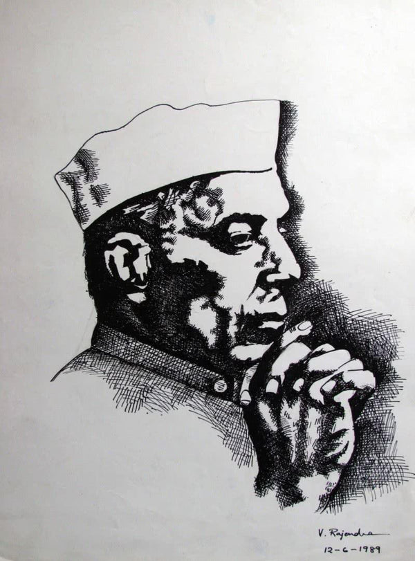 Portrait ink drawing titled 'Pandit Nehru', 13x11 inches, by artist Rajendra V on Paper