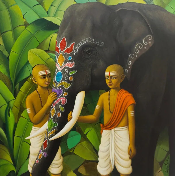 Religious acrylic painting titled 'Pandits With Elephant', 48x48 inch, by artist Sanjay Raut on Canvas