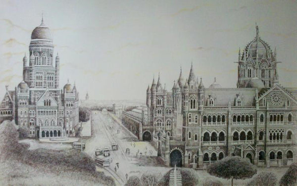 Cityscape ink drawing titled 'Panorama View of Bombay BMC building & Victoria Terminus (VT)', 28x28 inches, by artist Aman A on Canvas