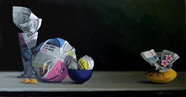 Still-life acrylic painting titled 'Paper Balls And Bowl', 16x30 inches, by artist Parimal Vaghela on Canvas