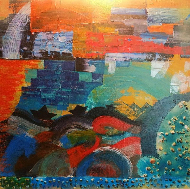 contemporary mixed media painting titled 'Paperboat', 36x36 inches, by artist Nishant Mishra on Canvas