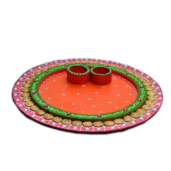 Lifestyle craft titled 'Papier Mache Pink and Orange Pooja Thali', 9x9x1 inches, by artist E Craft on Paper