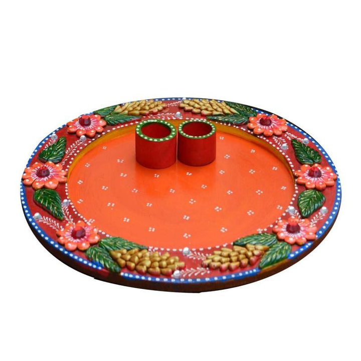 Lifestyle craft titled 'Papier Mache Pink Floral Pooja Thali', 10x10x1 inches, by artist E Craft on Paper