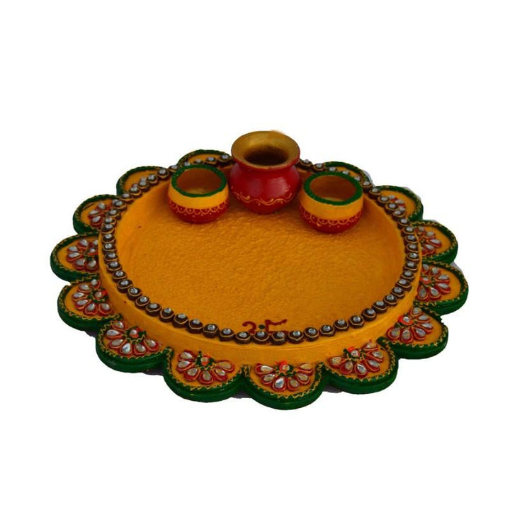 Lifestyle craft titled 'Papier Mache Yellow Pooja Thali', 12x12x3 inches, by artist E Craft on Paper