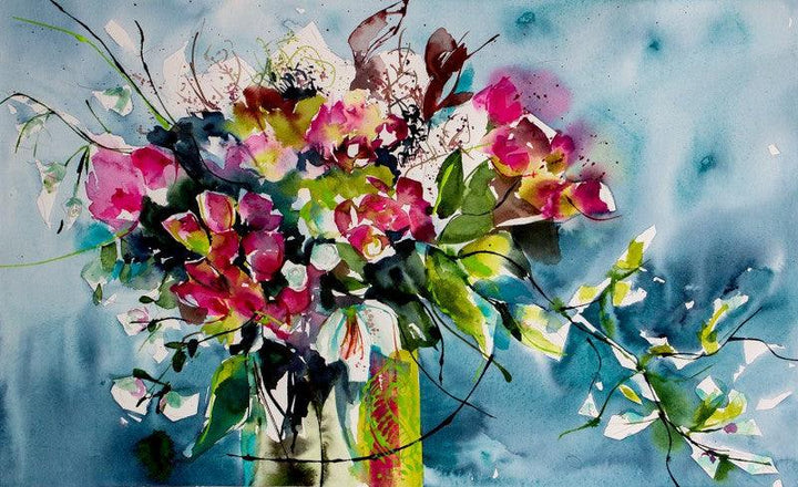 Still-life watercolor painting titled 'Papillons', 12x20 inches, by artist Veronique Piaser-moyen on Paper