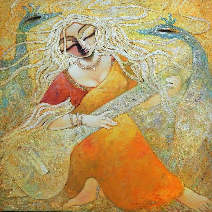 Figurative acrylic painting titled 'Paraa', 40x40 inches, by artist Subrata Ghosh on Canvas