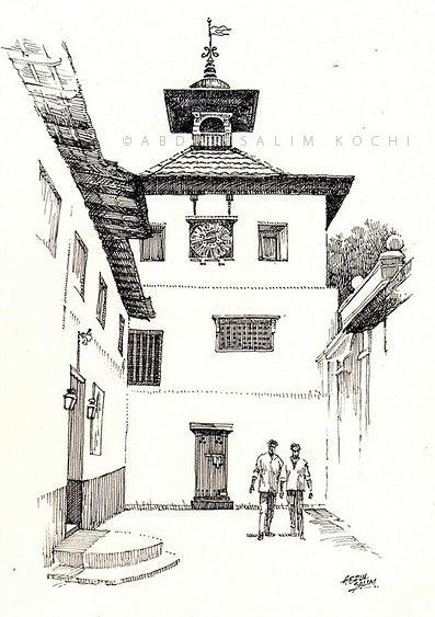 Figurative pen drawing titled 'Pardesi Synagogue', 12x9 inches, by artist Abdul Salim on Paper