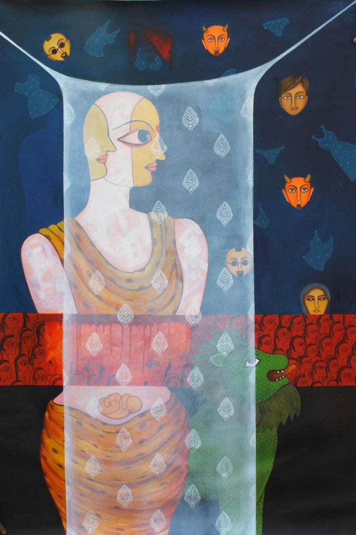 Figurative acrylic painting titled 'Pardey Mey Rahney Do 4', 60x36 inches, by artist Meenakshi Jha Banerjee on Canvas