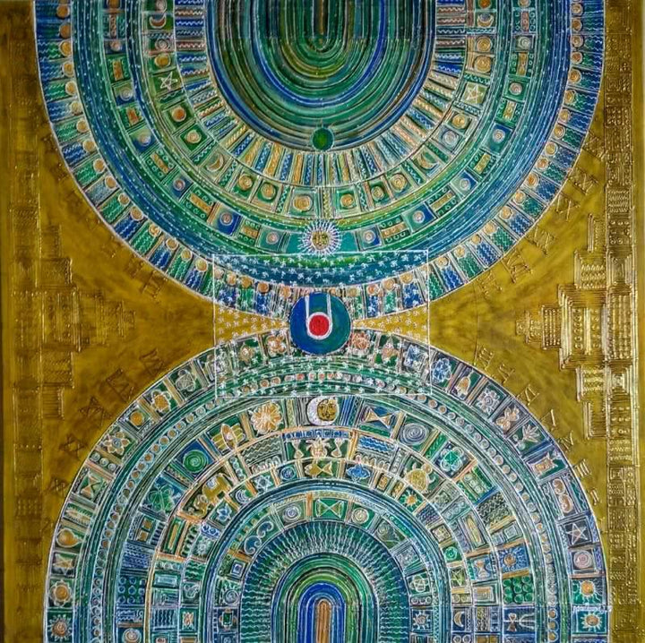 Religious acrylic painting titled 'Parikrama 2', 36x36 inches, by artist Madhavi Joshi on Canvas