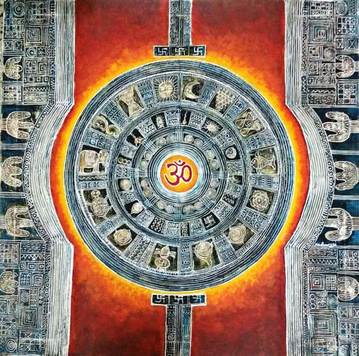 Religious acrylic painting titled 'Parikrama', 36x36 inches, by artist Madhavi Joshi on Canvas