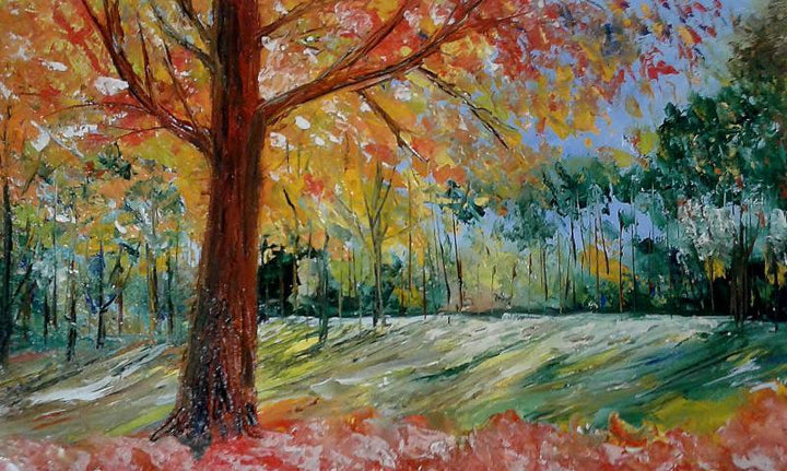 Impressionist oil painting titled 'Park Tree In Bloom', 17x11 inches, by artist Kiran Bableshwar on Canvas