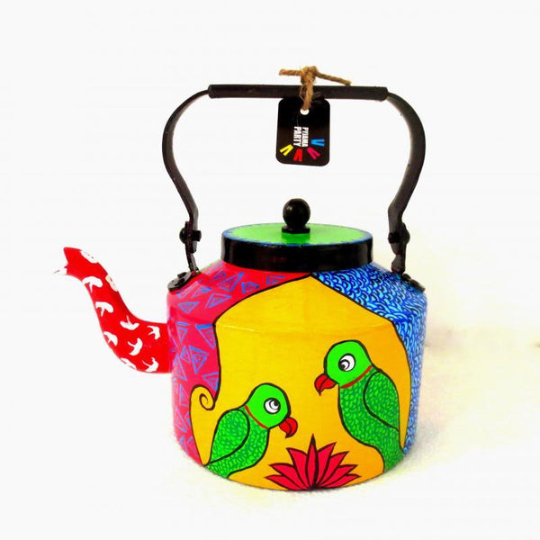 Lifestyle craft titled 'Parrot Pair Tea Kettle', 9x9x7 inches, by artist Rithika Kumar on Aluminium