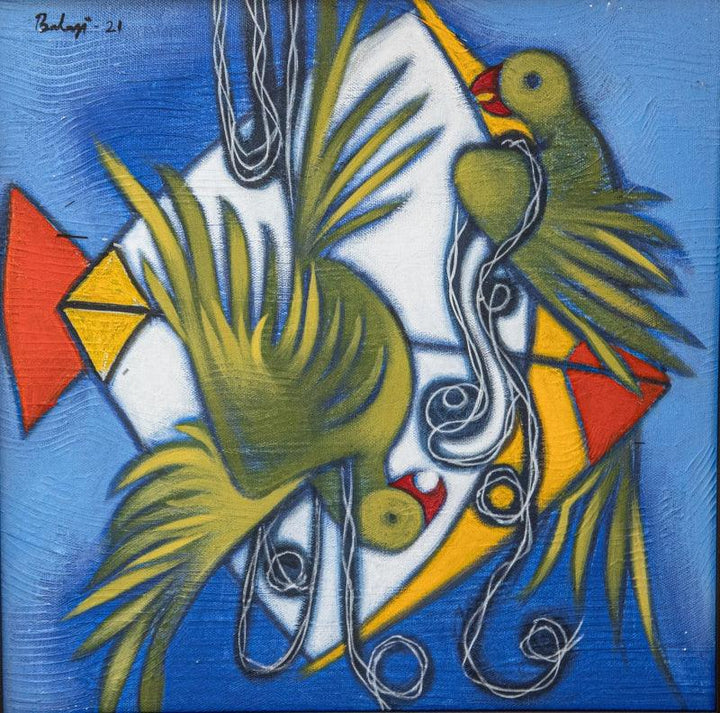 Animals acrylic painting titled 'Parrot With Kite 2', 15x15 inches, by artist Balaji Ubale on Canvas