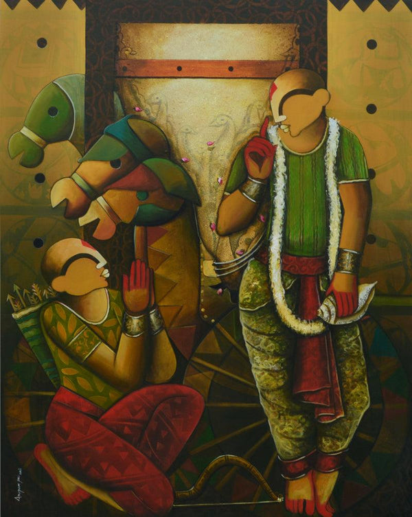 Religious acrylic painting titled 'Parthasarathi 20', 60x48 inches, by artist Anupam Pal on canvas