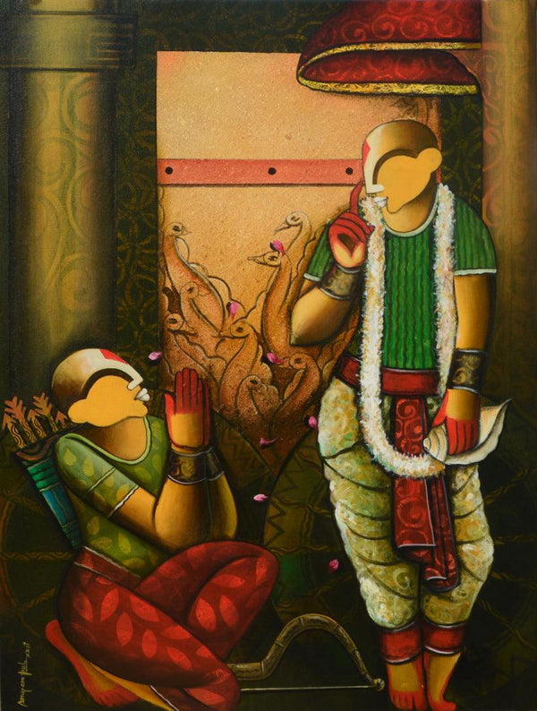 Religious acrylic painting titled 'Parthasarathi 22', 47x36 inches, by artist Anupam Pal on CANVAS