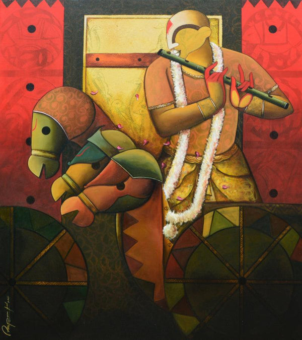 Religious acrylic painting titled 'Parthasarathi 23', 54x48 inches, by artist Anupam Pal on canvas