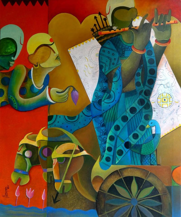 Figurative acrylic painting titled 'Parthasarathi (the creator of arjuna)', 42x36 inches, by artist Anupam Pal on Canvas