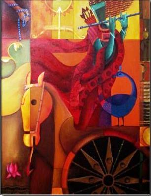 Expressionist acrylic painting titled 'Parthasarthi charector of arjuna', 45x36 inches, by artist Anupam Pal on Canvas