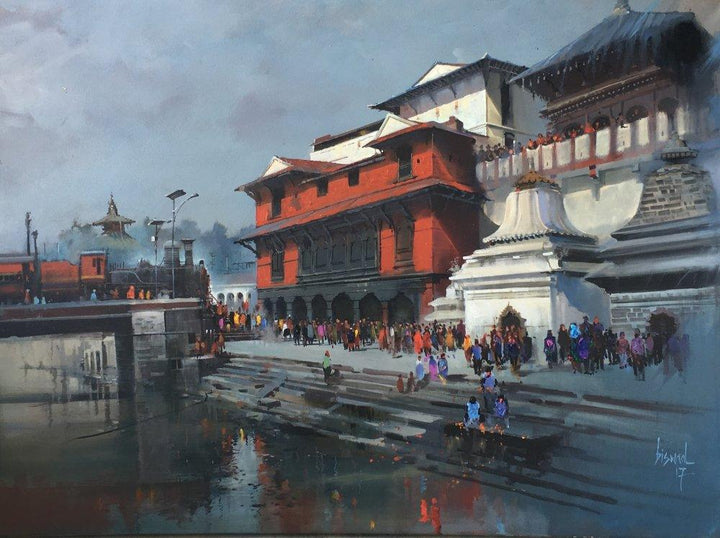 Cityscape acrylic painting titled 'Pashupati Express', 30x36 inches, by artist Bijay Biswaal on Canvas