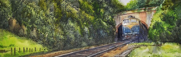 Landscape watercolor painting titled 'Passing Through the Tunnel', 14x28 inches, by artist Ramdas Thorat on Paper