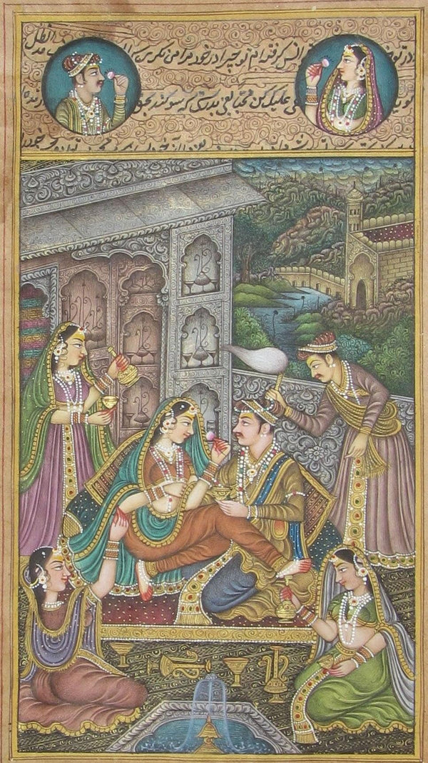 Figurative mughal traditional art titled 'Passionate Mughal Love Scene', 8x6 inches, by artist Unknown on Paper