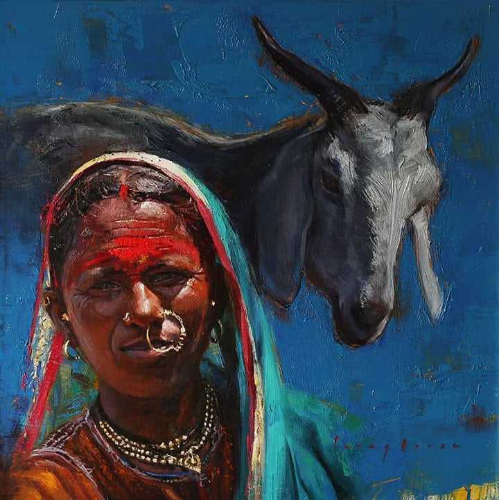 Animals oil painting titled 'Pastoral Hues 2', 25x25 inches, by artist Parag Borse on Canvas