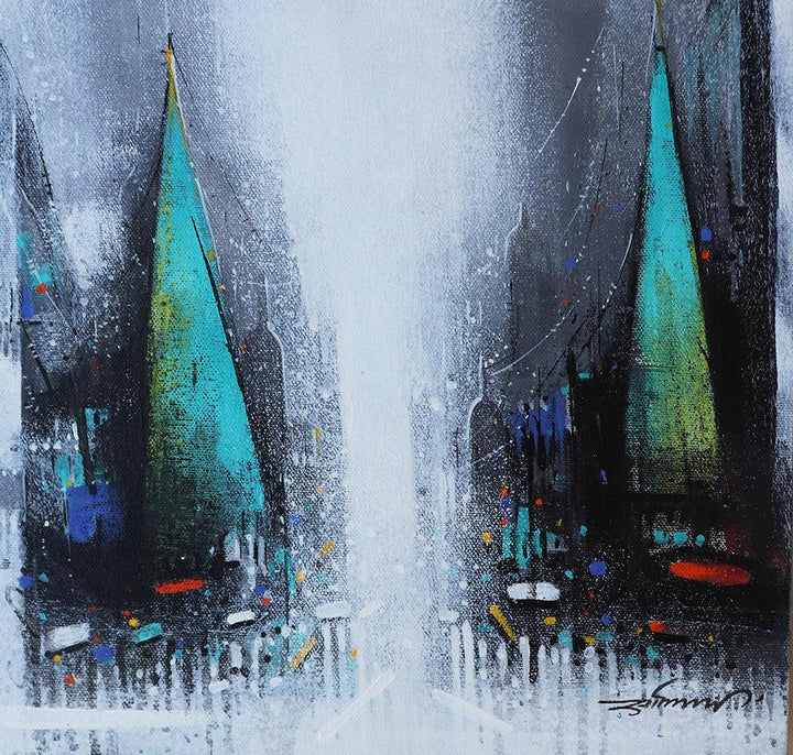 Cityscape acrylic painting titled 'Path Of Heaven 2', 12x12 inches, by artist Somnath Bothe on Canvas