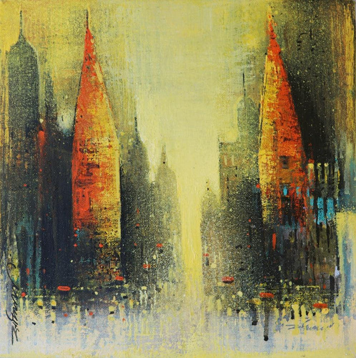 Cityscape acrylic painting titled 'Path Of Heaven 3', 12x12 inches, by artist Somnath Bothe on Canvas