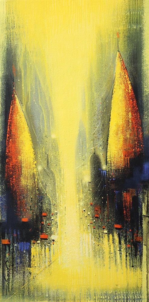 Cityscape acrylic painting titled 'Path Of Heaven 4', 24x12 inches, by artist Somnath Bothe on Canvas