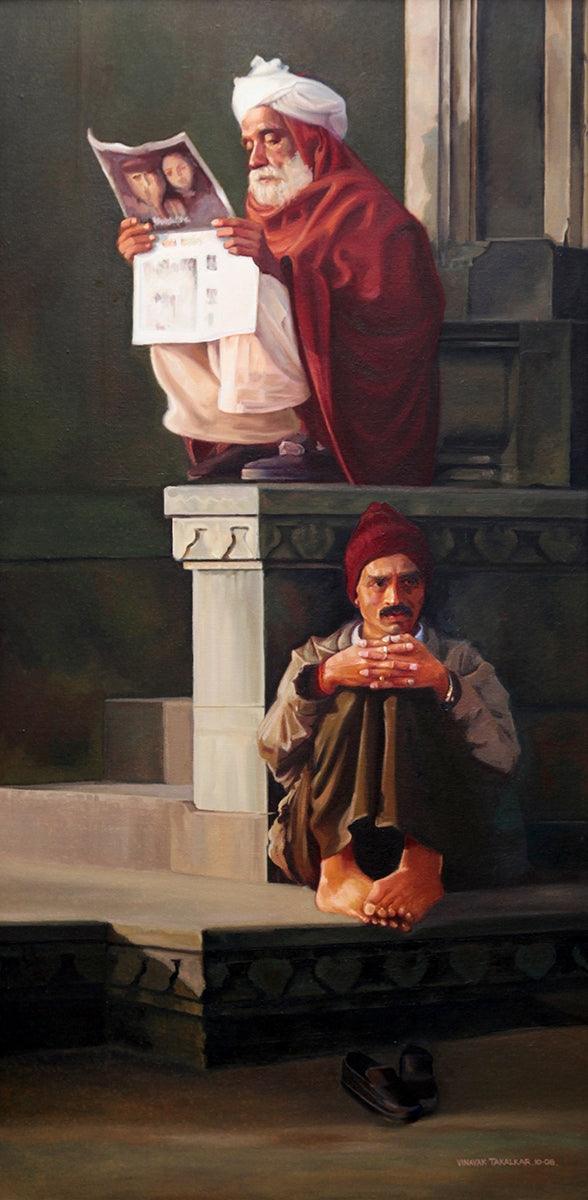 Figurative oil painting titled 'Pathos', 48x24 inches, by artist Vinayak Takalkar on Canvas