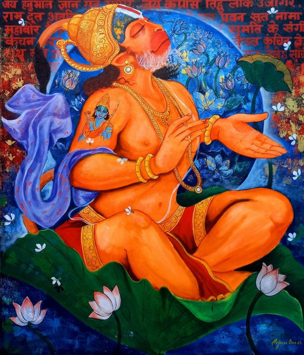 Religious acrylic painting titled 'Pawan Putra Hanuman', 42x36 inches, by artist Arjun Das on Canvas