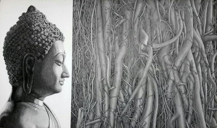 Figurative pen ink drawing titled 'Peace 17 Ii', 36x60 inches, by artist Prakash  Ghadge on Canvas