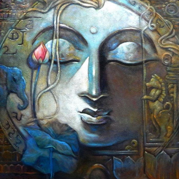 Religious acrylic painting titled 'Peace 2', 48x48 inches, by artist Subrata Ghosh on Canvas