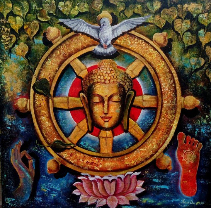 Religious acrylic painting titled 'Peaceful Buddha 4', 36x36 inches, by artist Arjun Das on Canvas