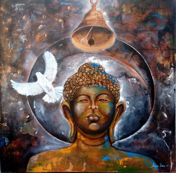 Religious acrylic painting titled 'Peaceful Buddha 5', 36x36 inches, by artist Arjun Das on Canvas