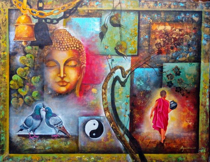 Religious acrylic painting titled 'Peaceful buddha and monk', 42x54 inches, by artist Arjun Das on Canvas