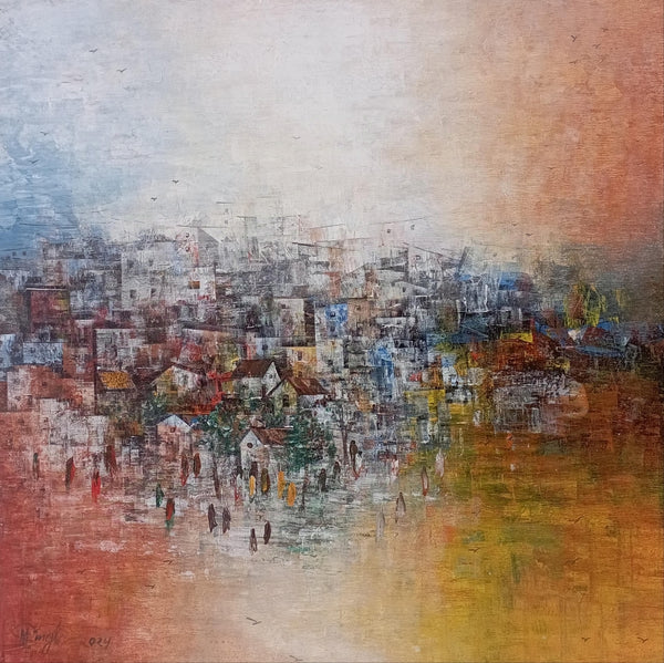 Cityscape acrylic painting titled 'Peaceful Morning', 24x24 inch, by artist M Singh on Canvas