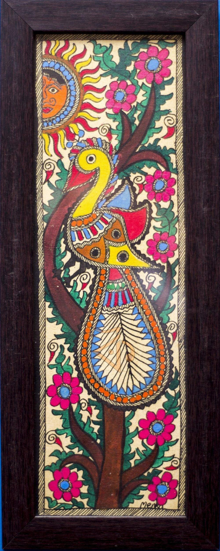 Folk Art madhubani traditional art titled 'Peacock 3 Madhubani Painting', 11x3 inches, by artist Kalaviti Arts on Cloth