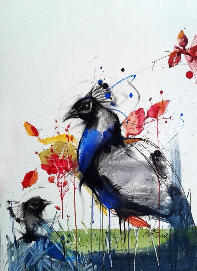 Animals mixed media painting titled 'Peacock', 30x40 inches, by artist Mithun Dutta on Board