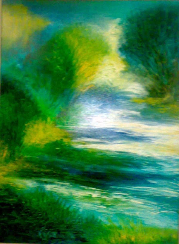 Abstract acrylic painting titled 'Peacock Bliss', 48x36 inches, by artist Shuchi Khanna on Canvas