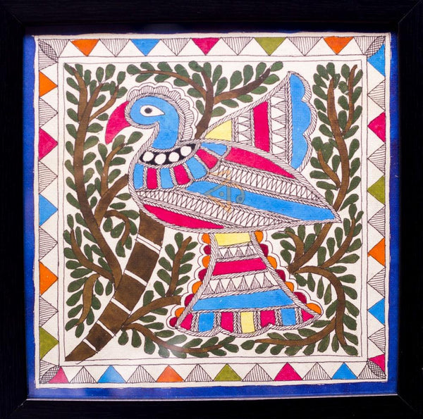 Folk Art madhubani traditional art titled 'Peacock blue Madhubani Painting', 7x7 inches, by artist Kalaviti Arts on Cloth