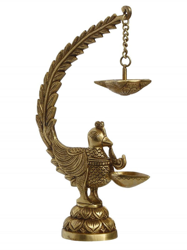 Religious handicraft titled 'Peacock Brass Showpiece With Diya For 6', 14x8x4 inches, by artist Brass Handicrafts on Brass