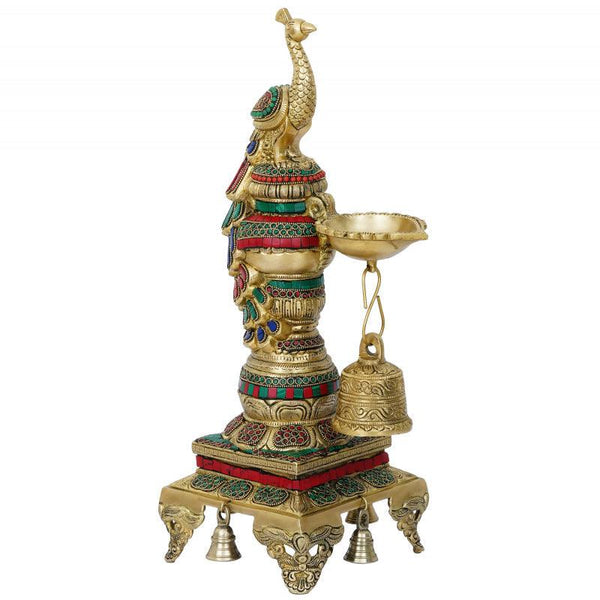 Religious handicraft titled 'Peacock Diya Stand', 20x10x7 inches, by artist Brass Handicrafts on Brass