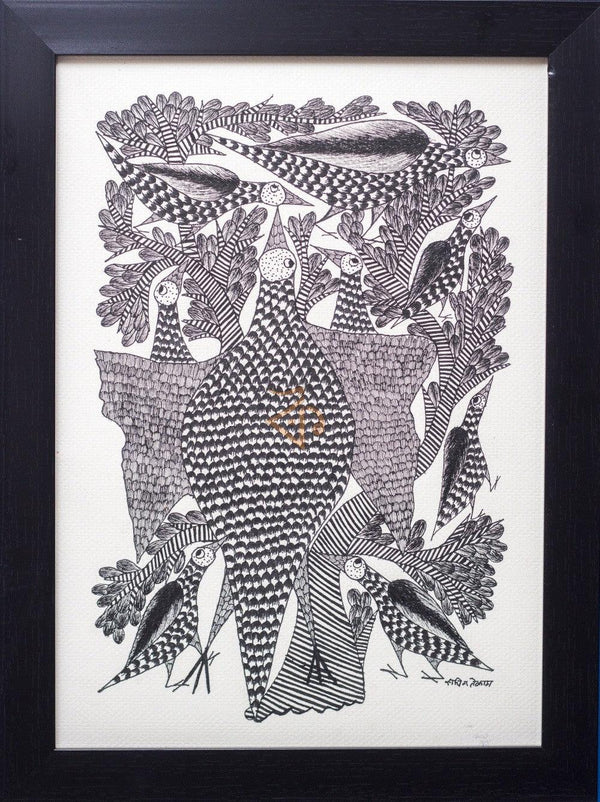 Folk Art gond traditional art titled 'Peacock family Monochrome', 15x10 inches, by artist Kalavithi Art Ventures on Canvas