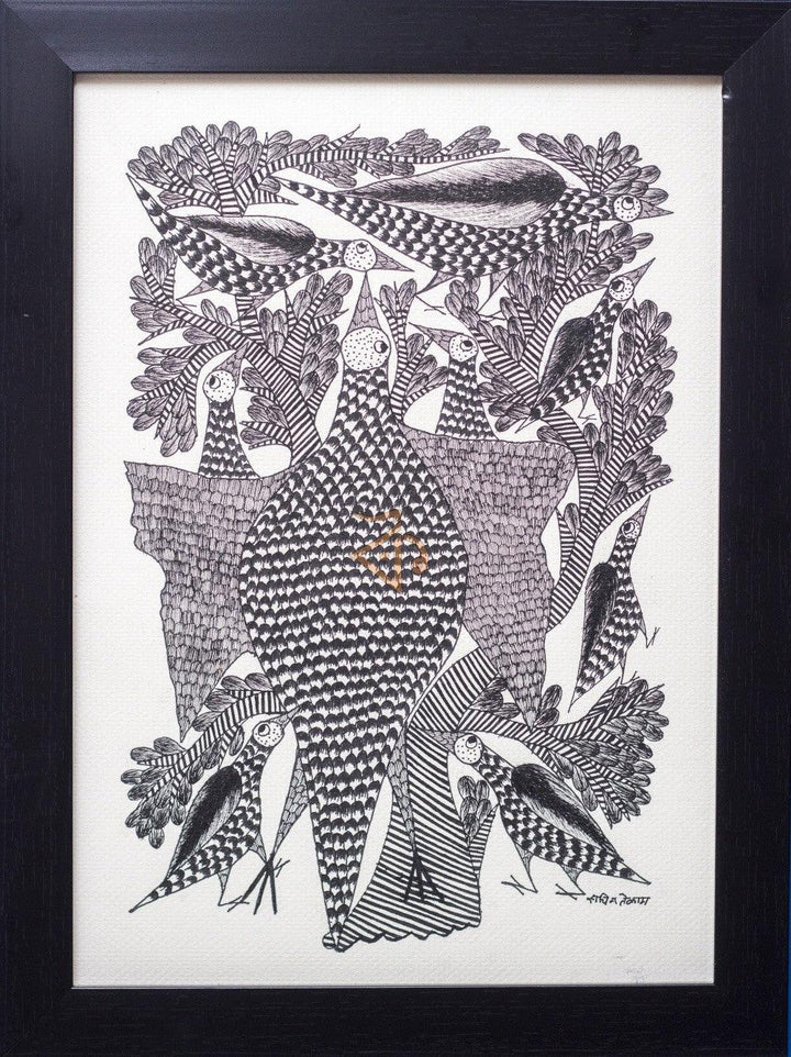 Folk Art gond traditional art titled 'Peacock family Monochrome', 15x10 inches, by artist Kalavithi Art Ventures on Canvas