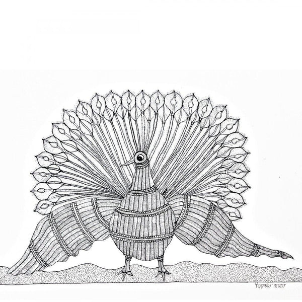 Folk Art gond traditional art titled 'Peacock Gond Art', 10x14 inches, by artist Chitrakant Shyam on Paper